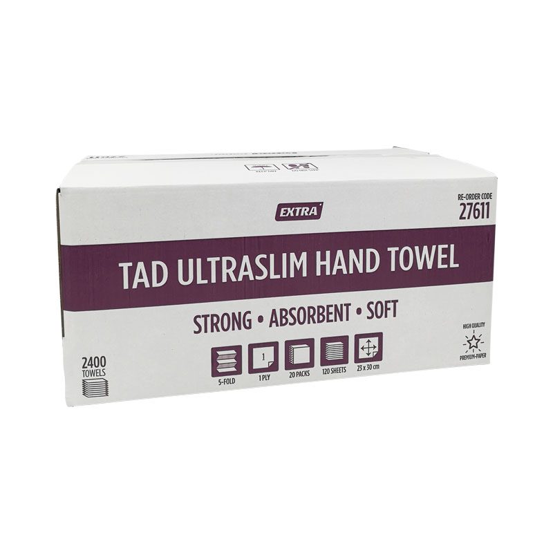 Extra Hygiene Premium TAD Ultraslim Hand Towel. 1 Ply, 5 Fold, 2400 Sheets