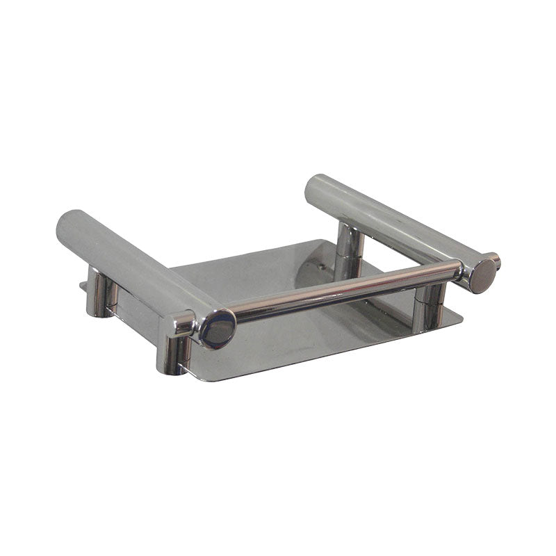 Stainless steel toilet paper holder on a white background