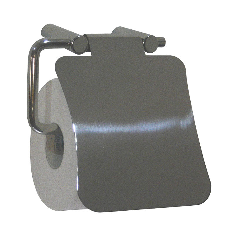 Metallic toilet paper holder with a roll of toilet paper on a white background