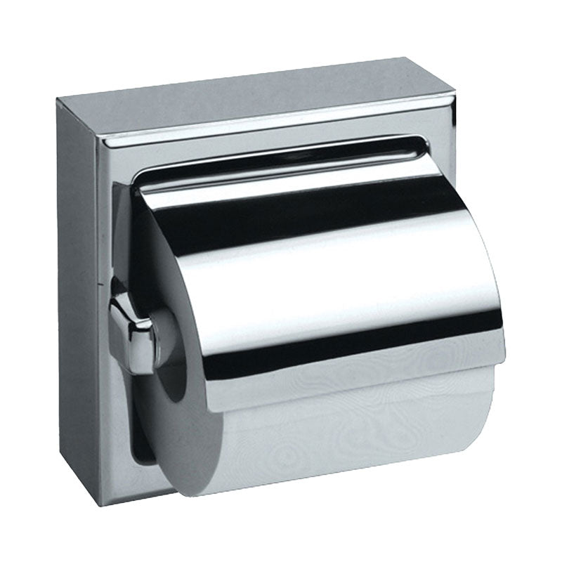 Chrome toilet paper holder with a roll of toilet paper on a white background