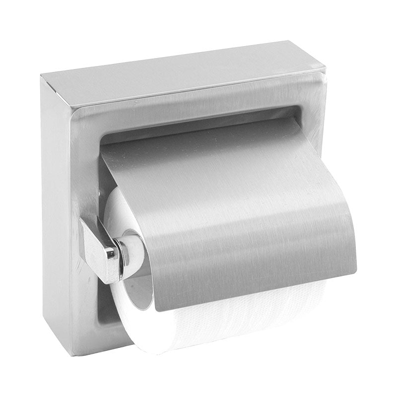 Metallic toilet paper holder with a roll of toilet paper on a white background
