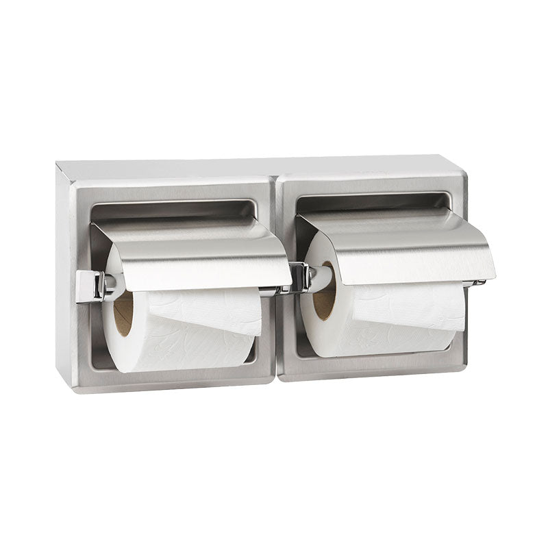 Stainless steel double toilet paper holder with two rolls on a white background