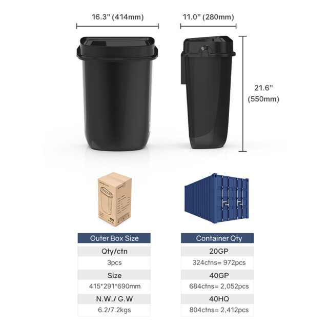 Multi Curved Trash Bin, Floor Standing or Wall Mounted, Black, 32 L