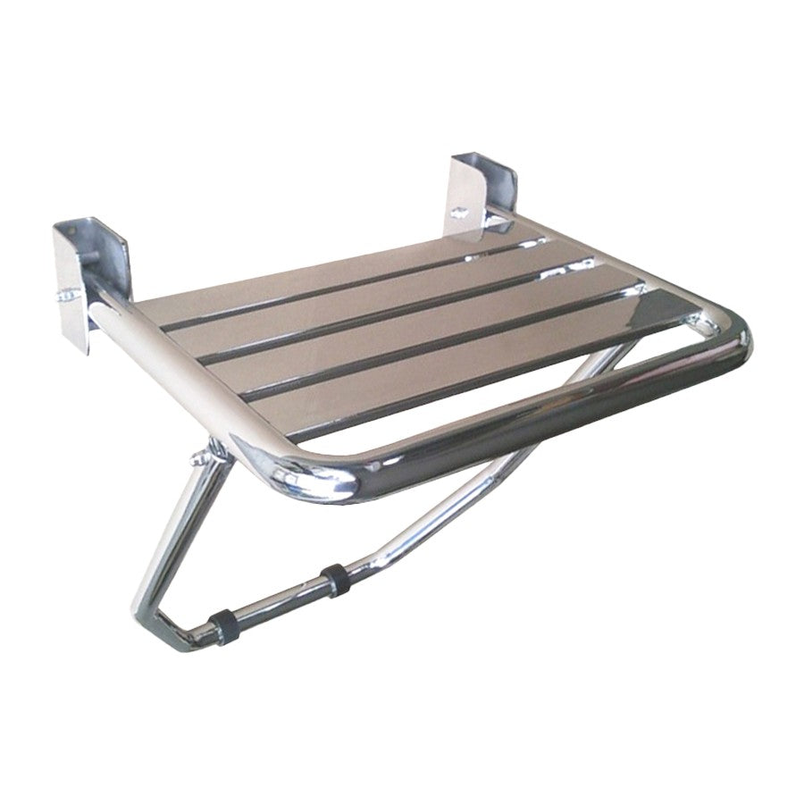 Hospeco Mediclinics stainless steel folding shower seat with floor support for accessible bathrooms