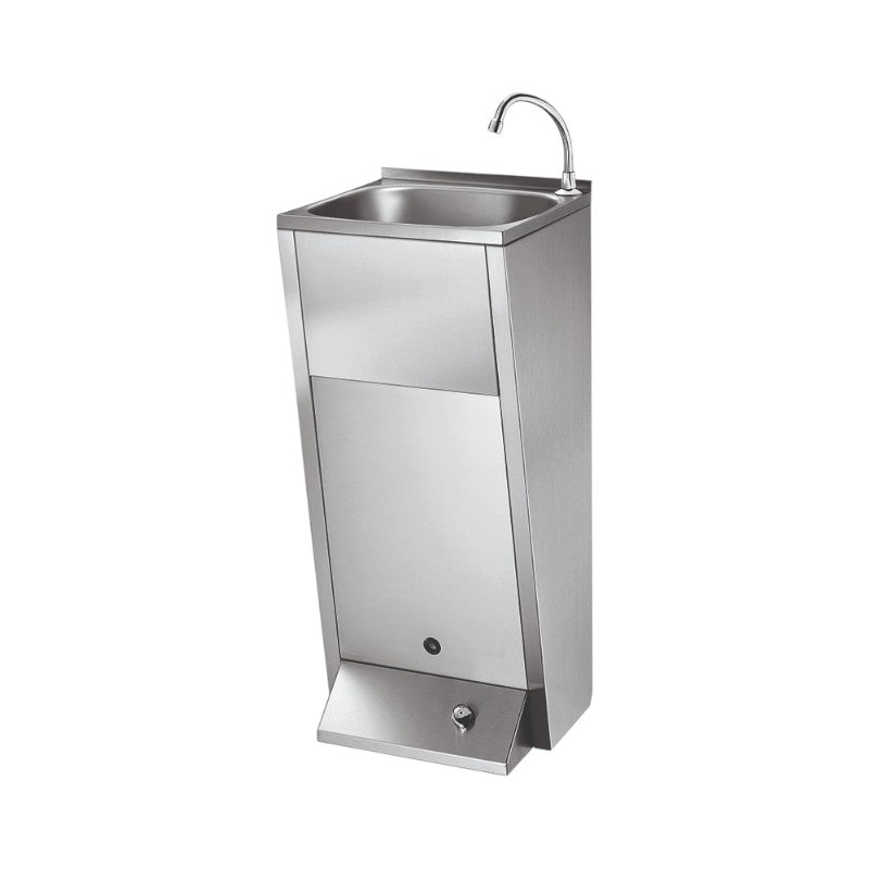 Hospeco stainless steel floor-standing hand wash basin with hands-free foot pedal operation and swan neck spout.