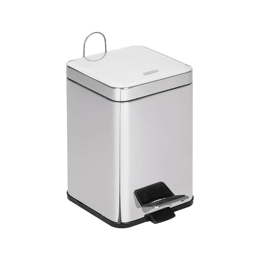 Hospeco 14.5L square pedal bin in bright stainless steel with a white lid, foot pedal, and inner liner.