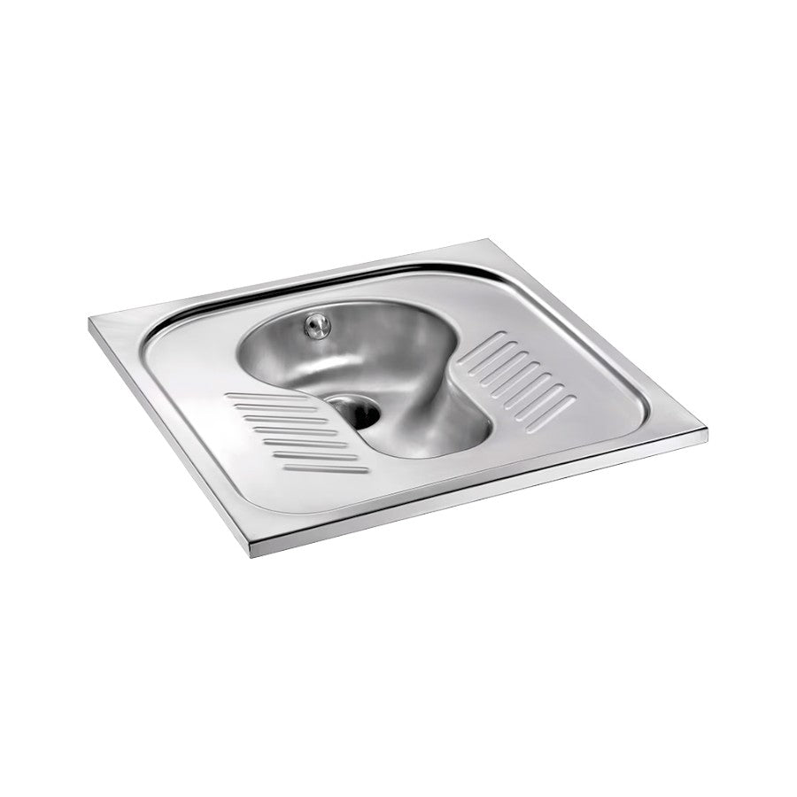 Hospeco stainless steel squatting pan with satin finish, anti-slip foot areas, and integrated waste outlet.