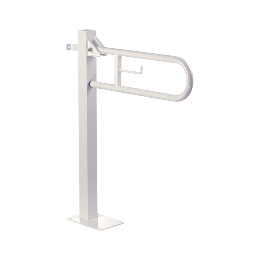 Hospeco white swing-up grab bar with fixed floor column and integrated toilet paper holder for accessible bathrooms.