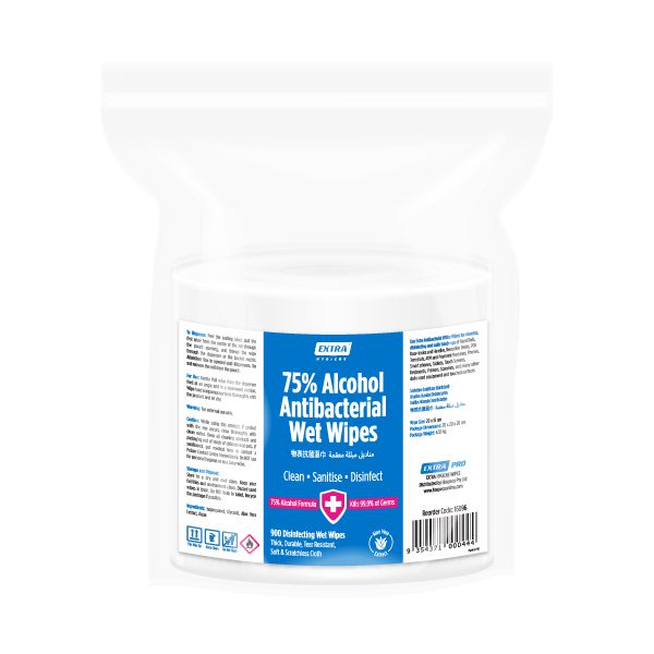 Extra Antibacterial 75% Alcohol Wet Wipes, 900 sheets