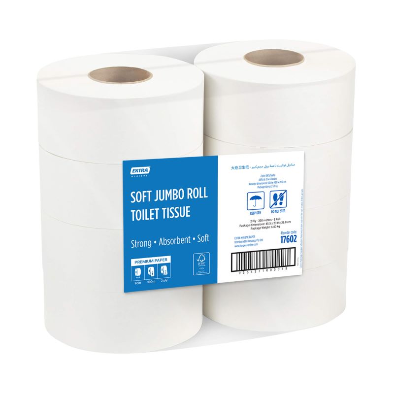 Extra Soft Bathroom Jumbo Toilet Paper Roll, 2 Ply, 300 Meters, 8 Rolls
