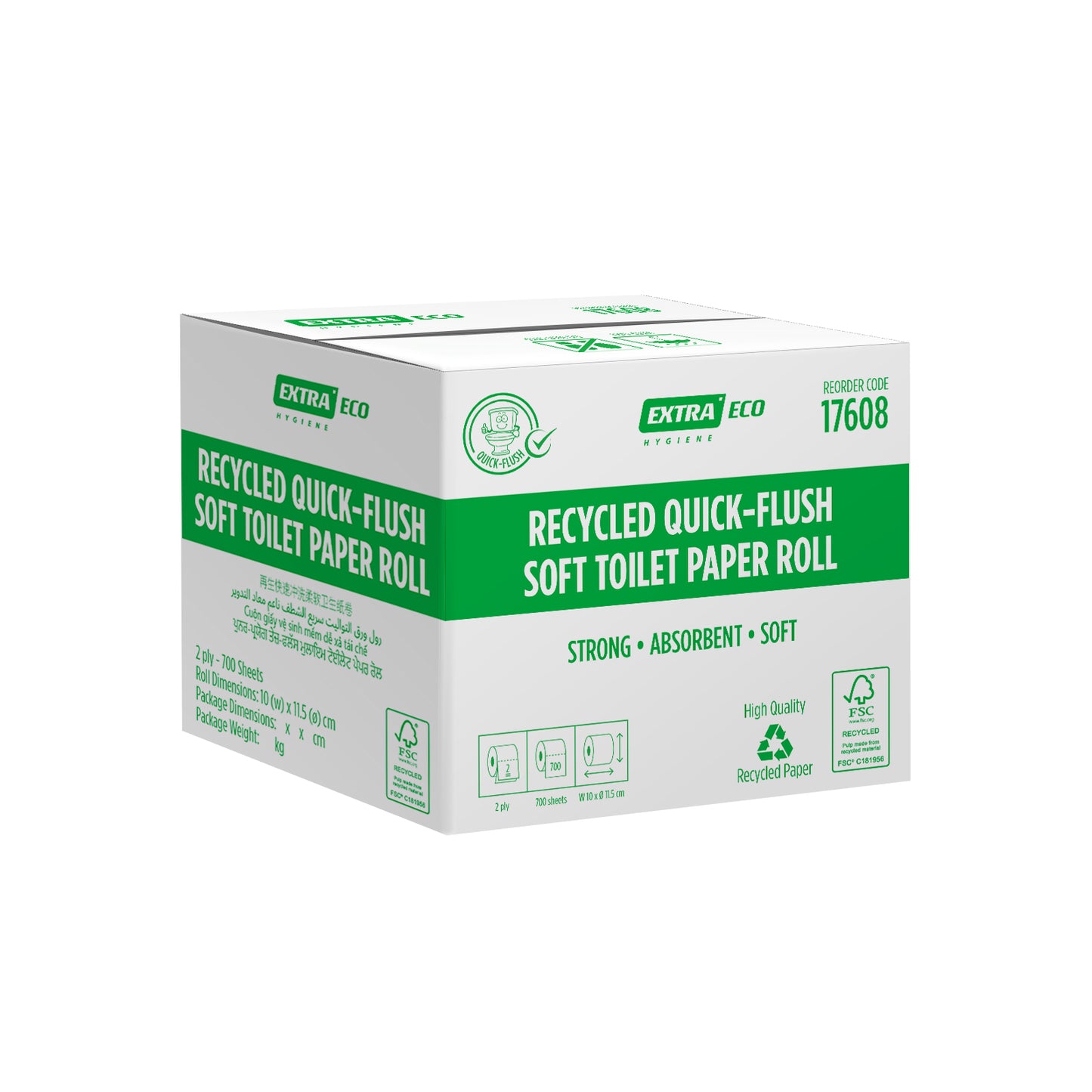 Extra Hygiene Recycled Toilet Paper, Quick-Flush, Soft Roll, 2ply, 700s