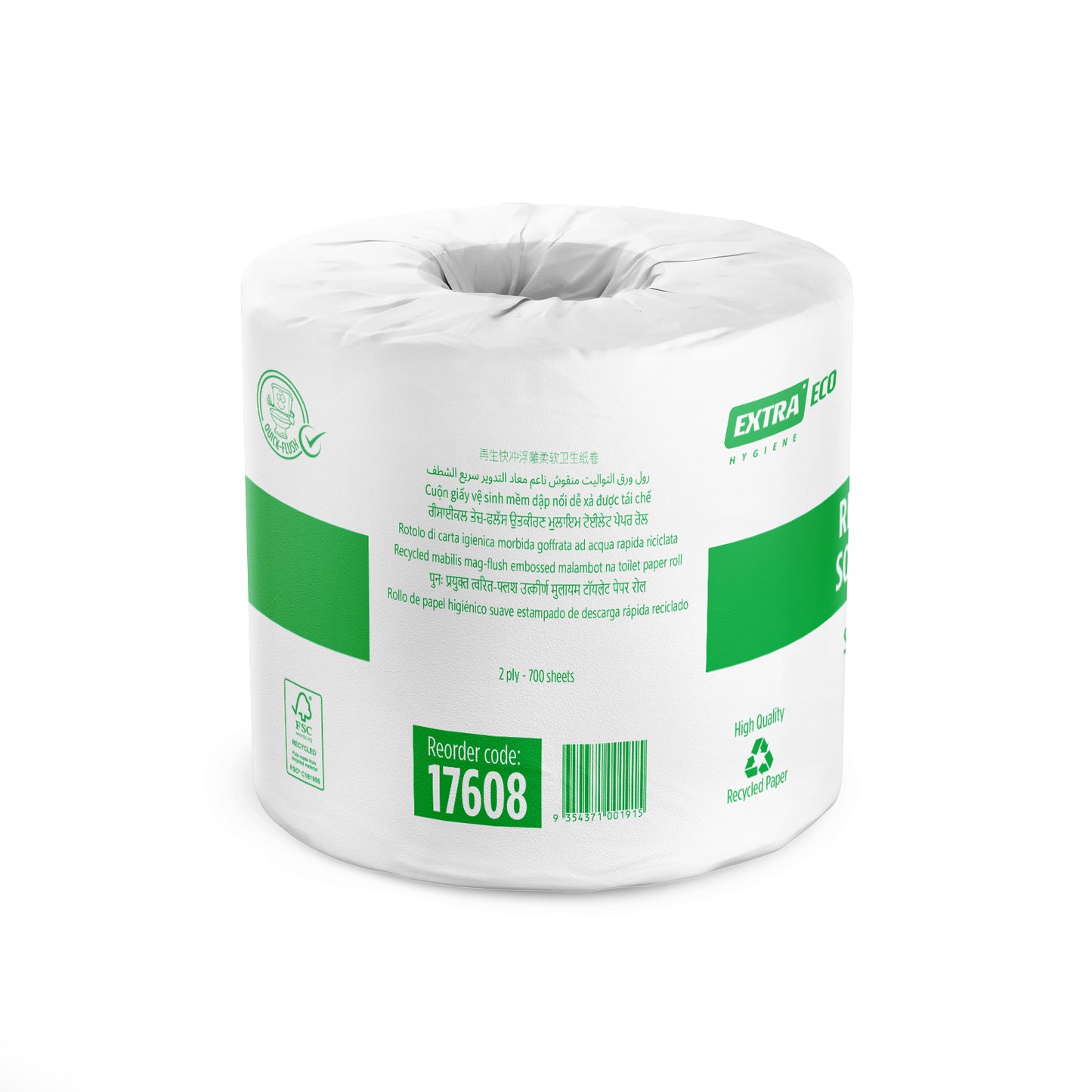 Extra Hygiene Recycled Toilet Paper, Quick-Flush, Soft Roll, 2ply, 700s