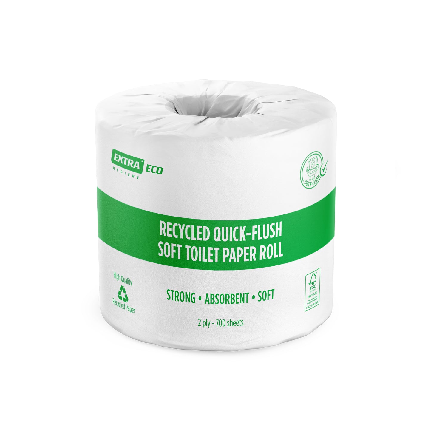 Extra Hygiene Recycled Toilet Paper, Quick-Flush, Soft Roll, 2ply, 700s
