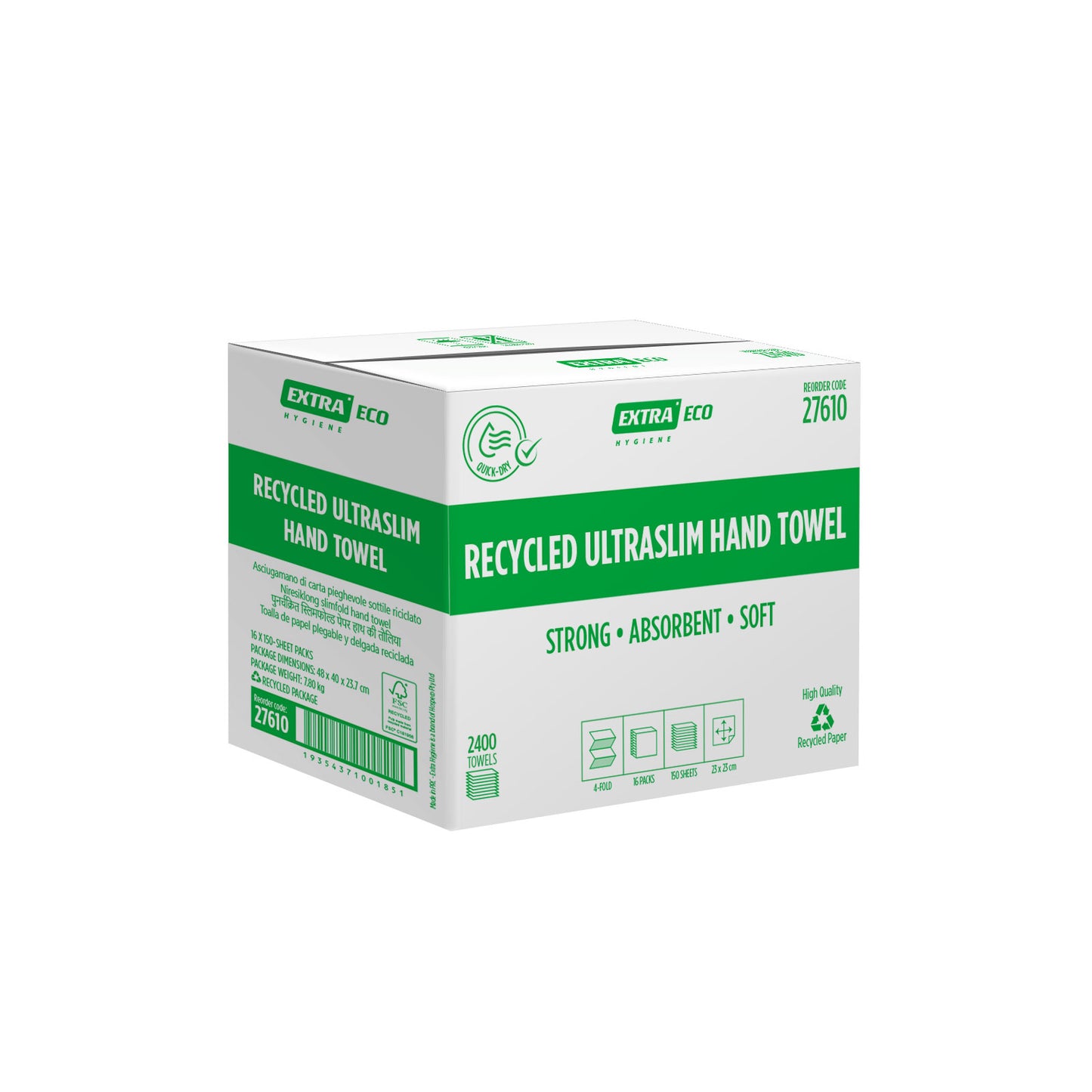 Extra Hygiene Recycled Paper Bathroom Essentials Ultra-Slim Hand Towel, 4 Fold, 2400 Sheets
