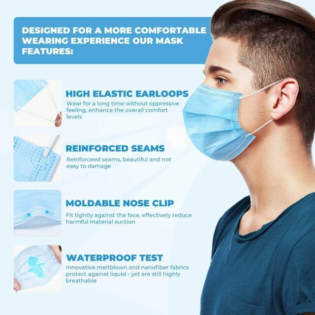 50 PCS Blue Face Masks, Non-Woven Thick 3-Layers Breathable Facial Masks with Adjustable Ear loop, Mouth and Nose Cover TGA Certified