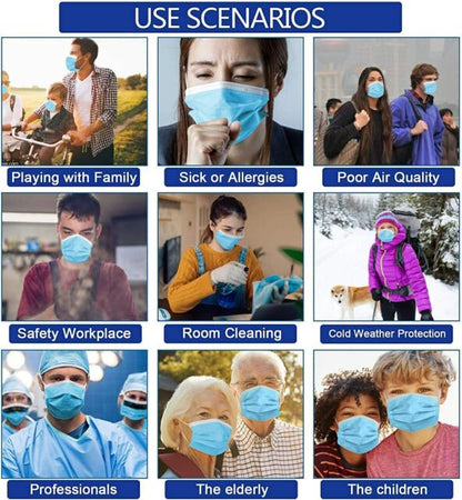 50 PCS Blue Face Masks, Non-Woven Thick 3-Layers Breathable Facial Masks with Adjustable Ear loop, Mouth and Nose Cover TGA Certified