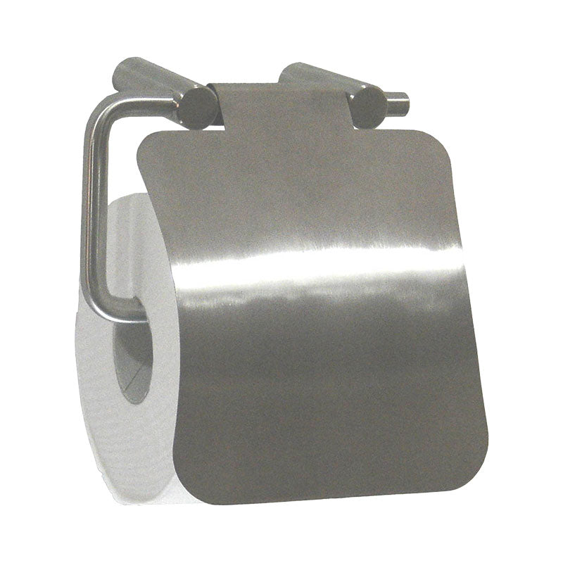 Stainless steel toilet paper holder with a roll of toilet paper on a white background