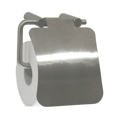 Stainless steel toilet paper holder with a roll of toilet paper on a white background