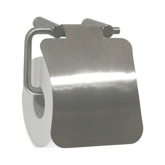 Stainless steel toilet paper holder with a roll of toilet paper on a white background