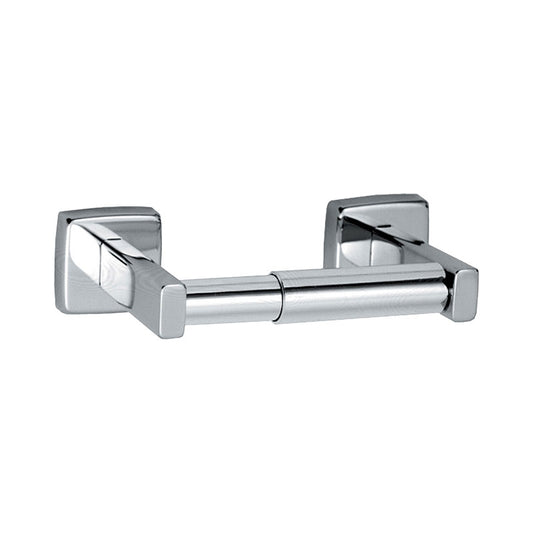 Chrome toilet paper holder on a white background