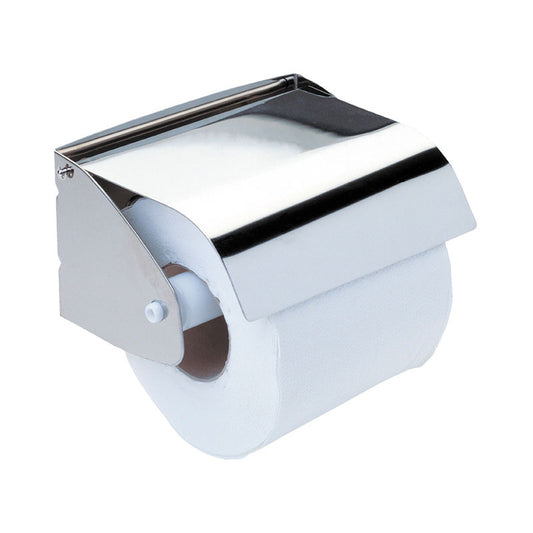 Chrome toilet paper holder with a roll of toilet paper on a white background