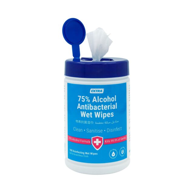Extra Antibacterial 75% Alcohol Wet Wipes Tub, 100 Wipes