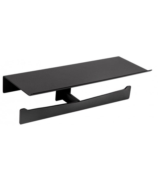 Aura Double Toilet Roll Holder with Shelf Black