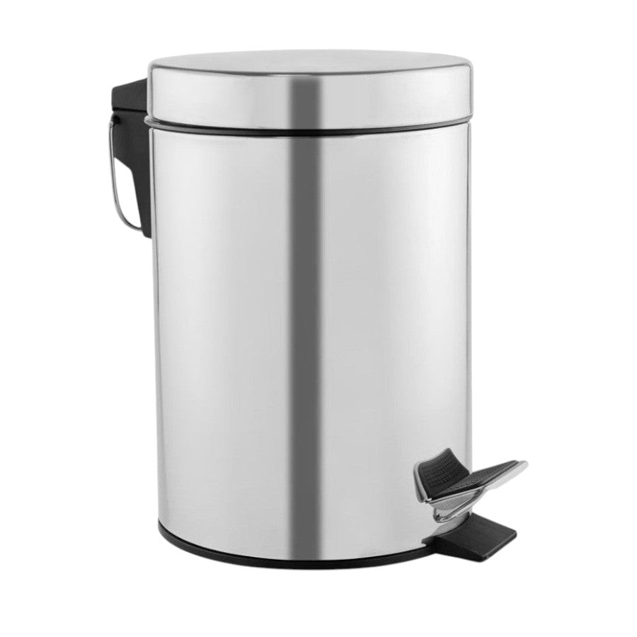 Hospeco 3L stainless steel pedal bin with a satin finish, silent lid, and sturdy carrying handle for washrooms.