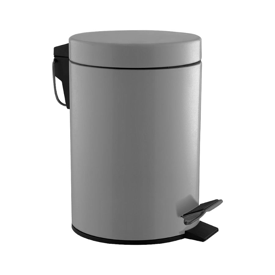 Hospeco 5L satin stainless steel pedal bin with a silent closing lid, carrying handle, and removable inner bucket.