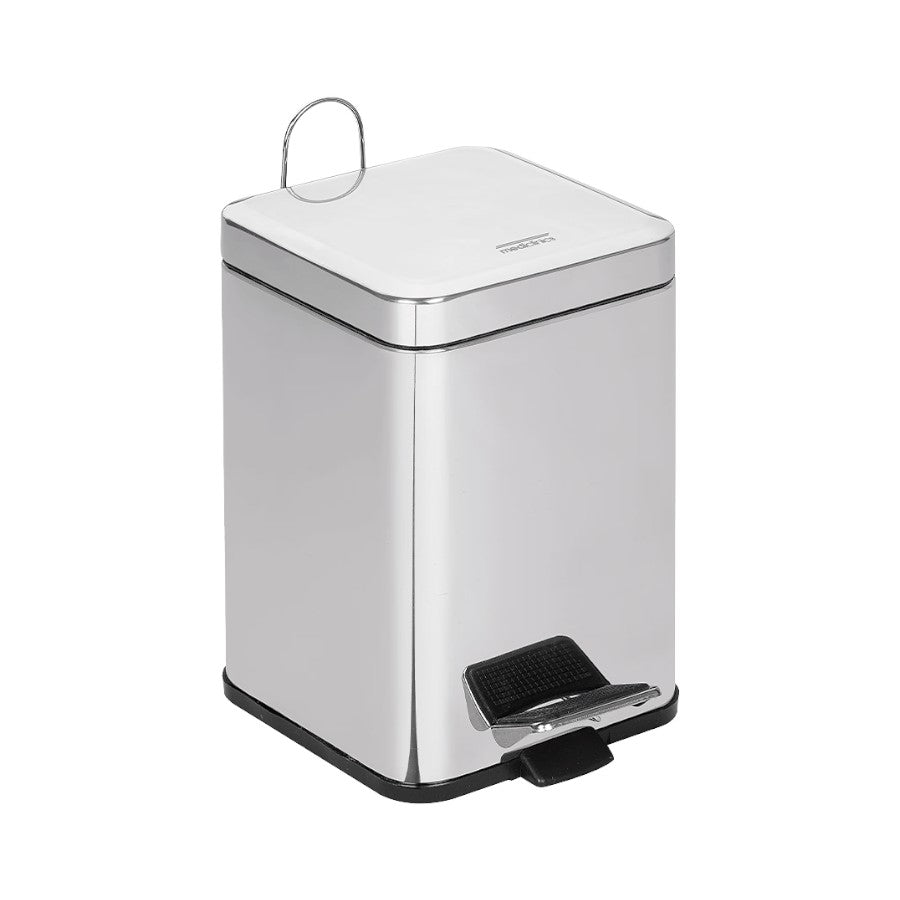Hospeco 6L square stainless steel pedal bin with a white lid, carrying handle, and anti-skid base for odor control.