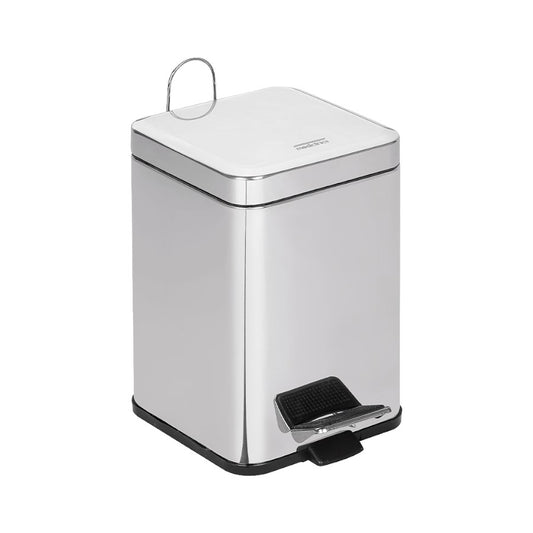 Hospeco 6L square stainless steel pedal bin with a white lid, carrying handle, and anti-skid base for odor control.