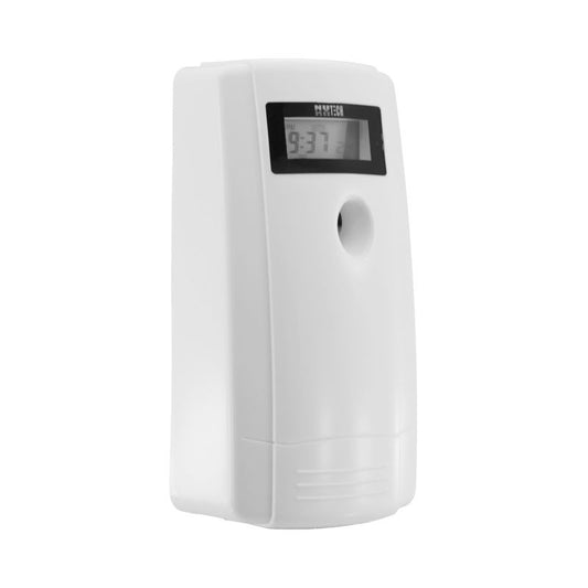 Hospeco white automatic air freshener dispenser with digital timer display for washrooms