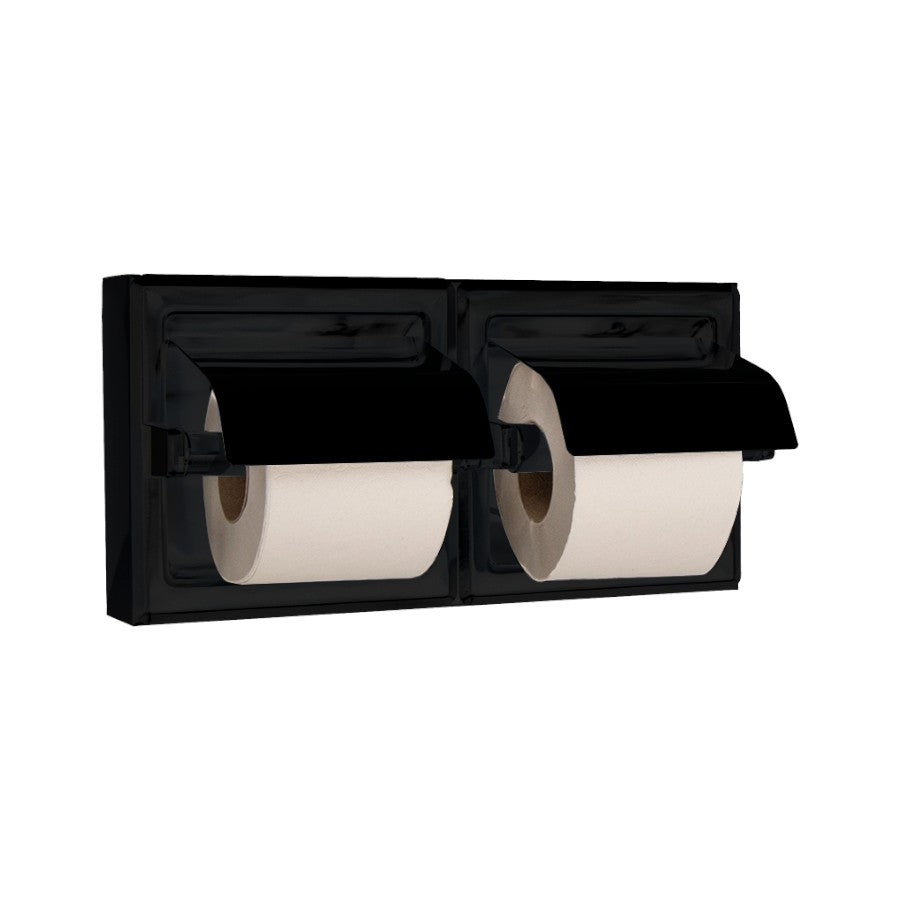 Hospeco double toilet paper holder in black stainless steel with protective covers for two rolls