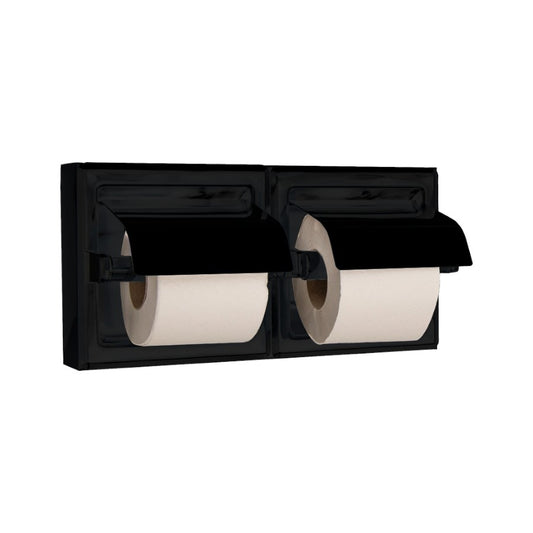 Hospeco double toilet paper holder in black stainless steel with protective covers for two rolls