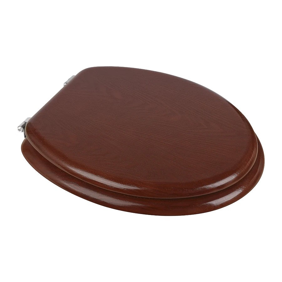 Hospeco Mediclinics caoba lacquered wood toilet seat cover with stainless steel hinges for SN0125CS and SN0128CS models.