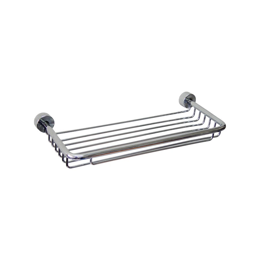 Hospeco chrome-plated brass wall-mounted soap basket with a durable grill design for hotel bathrooms.