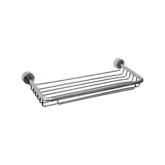 Hospeco chrome-plated brass wall-mounted soap basket with a durable grill design for hotel bathrooms.