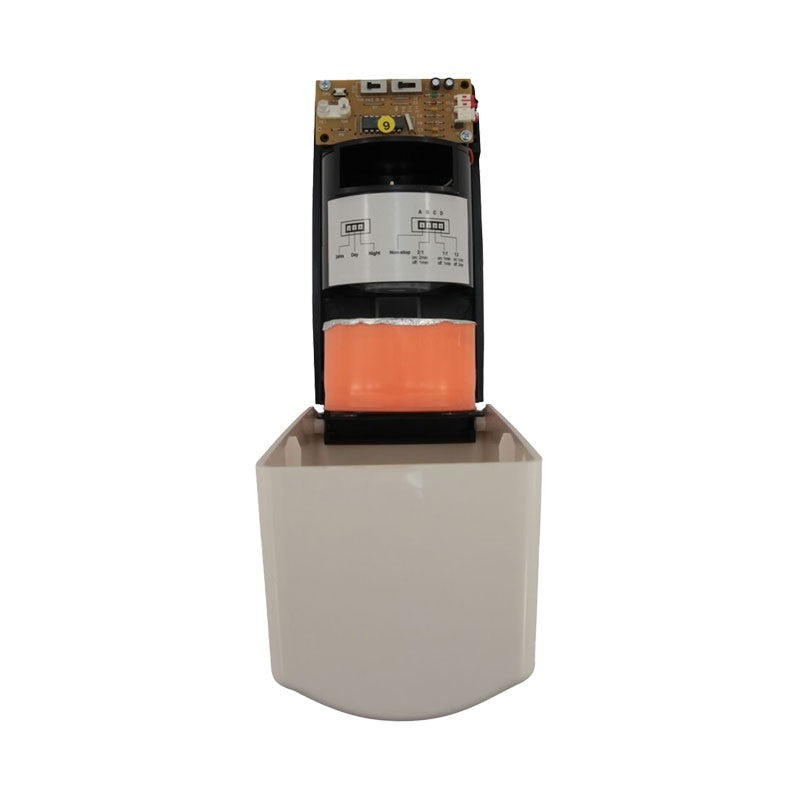 Hospeco AF 190M fan-forced air freshener dispenser with open cover showing internal gel cup and electronic controls