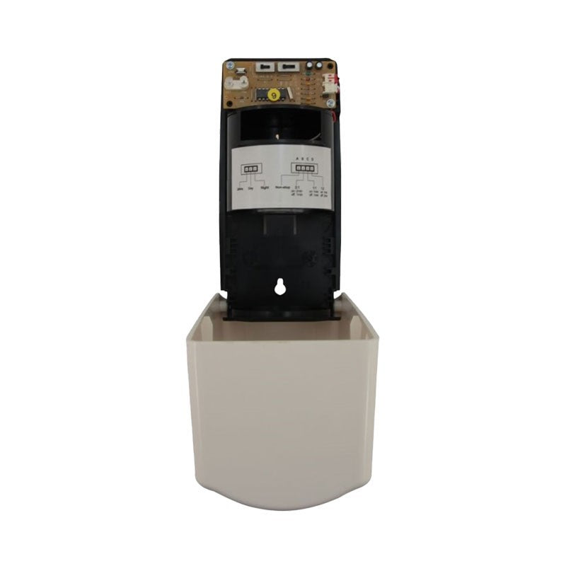 Hospeco fan gel cup air freshener dispenser with open cover showing internal mechanism and control settings
