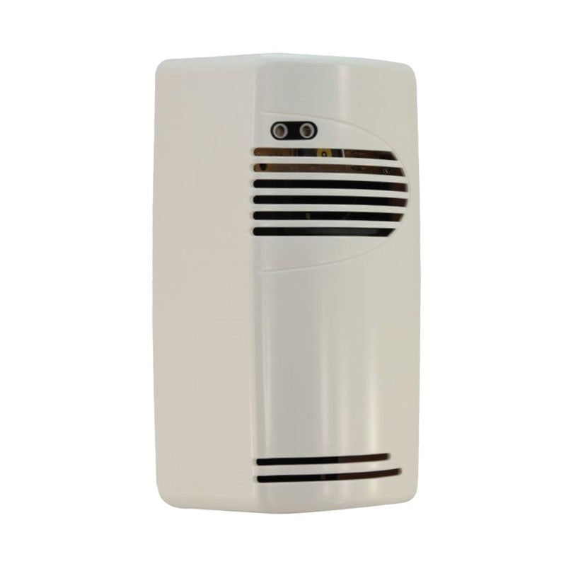 Hospeco white fan-forced gel air freshener dispenser with a compact, impact-resistant ABS plastic design.