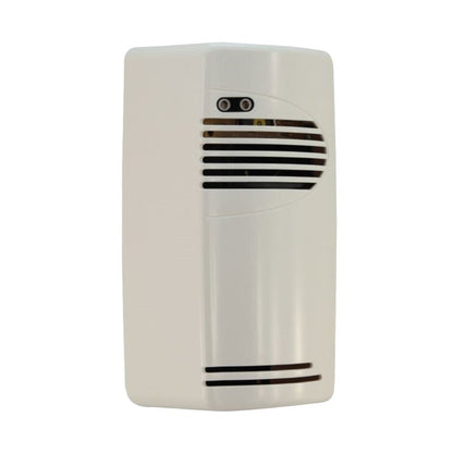 Hospeco white fan-forced gel air freshener dispenser with a compact, impact-resistant ABS plastic design.