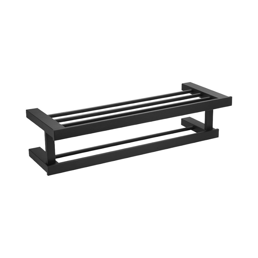 Hospeco Harmonia stainless steel towel shelf with integrated bar in a sleek black finish for modern bathrooms.