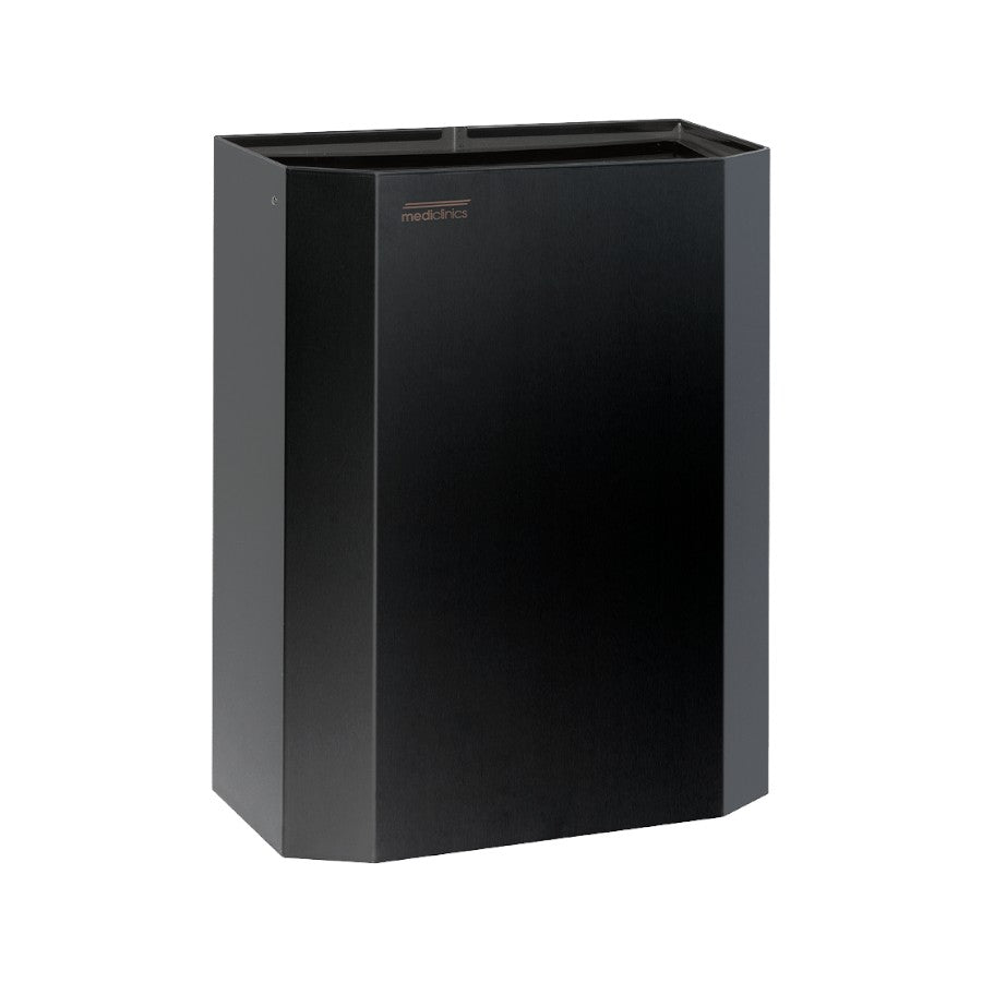 Hospeco 25L matte black open top waste bin with internal bag holder for public restrooms and indoor spaces.