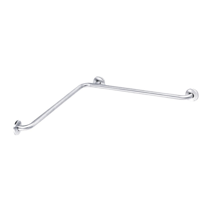Hospeco Mediclinics L-shaped stainless steel angled grab bar for bathroom accessibility with concealed wall mounts.