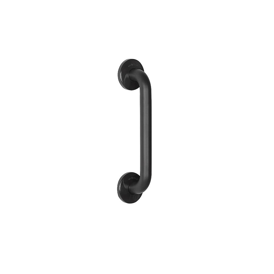 Hospeco Mediclinics 390mm straight grab bar in a matte black epoxy finish with concealed wall mounting brackets.