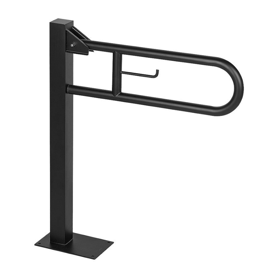 Hospeco Mediclinics black swing-up grab bar with fixed floor column and integrated toilet paper holder.