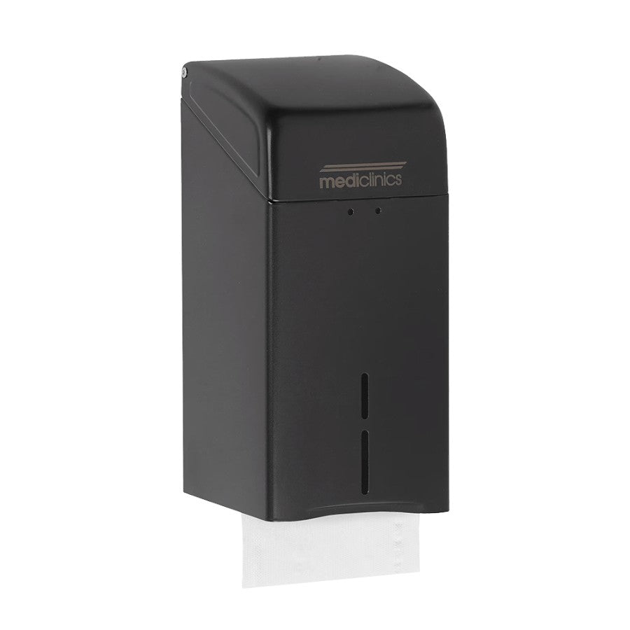Hospeco Mediclinics wall-mounted black stainless steel folded tissue paper dispenser with 400 sheet capacity