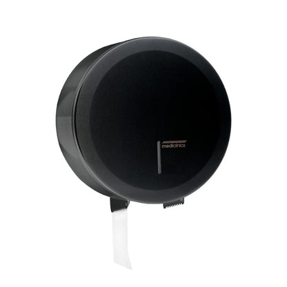 Hospeco Mediclinics circular black toilet paper dispenser for high traffic washrooms with a front content viewer.