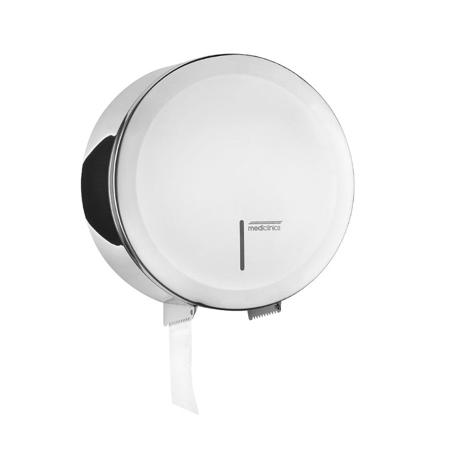Hospeco Mediclinics circular stainless steel toilet paper dispenser for high-traffic public washrooms.