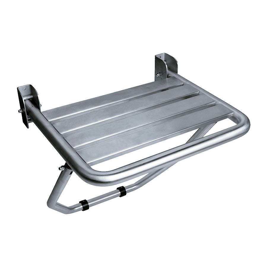 Hospeco Mediclinics stainless steel folding shower seat with floor support for accessible bathrooms.